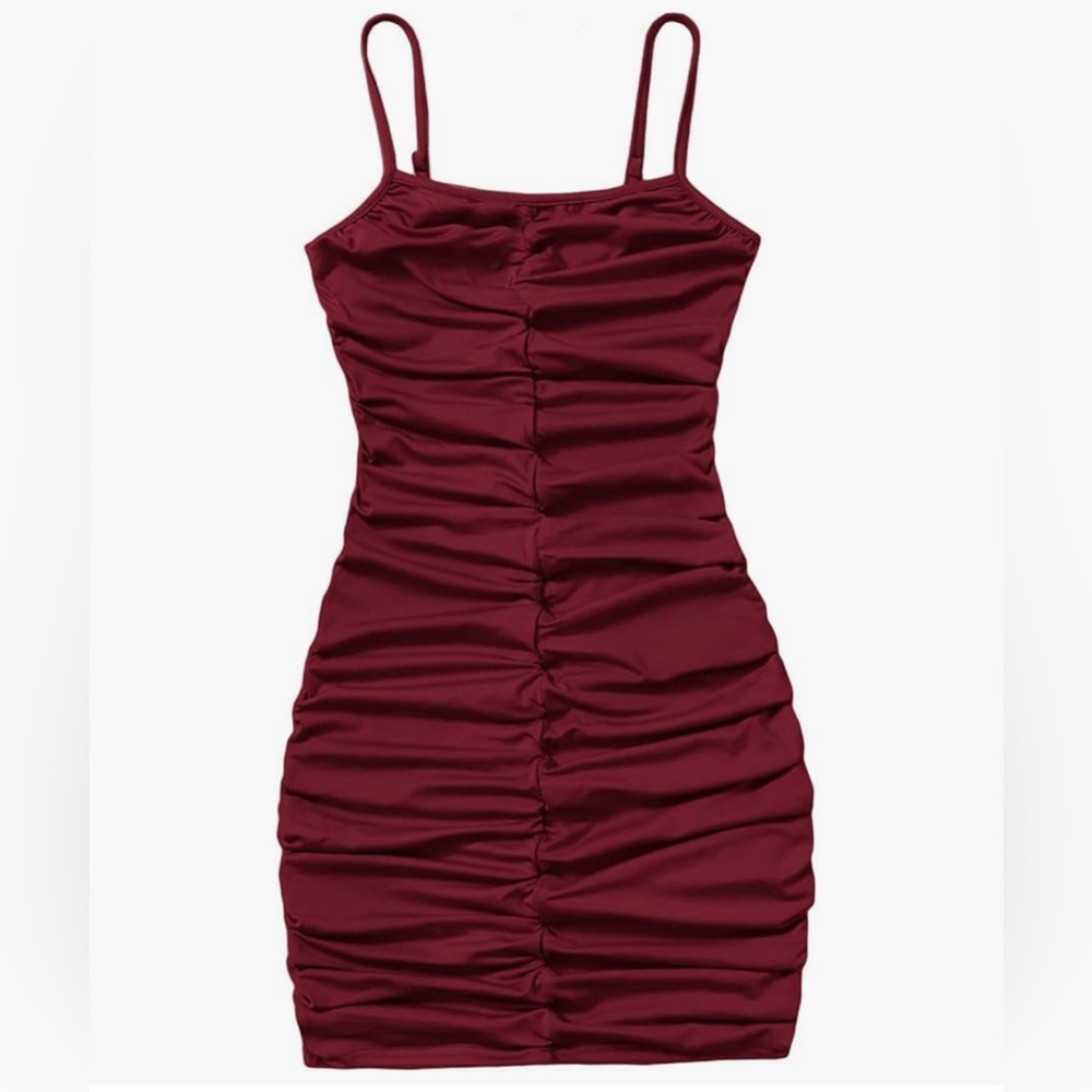 Girls Spaghetti Strap Burgundy Ruched Dress
